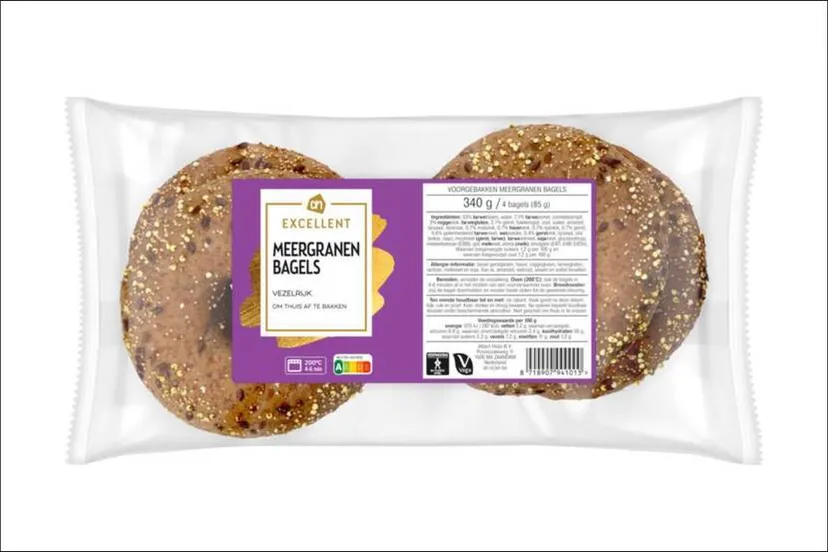 vier ah excellent meergranen bagels in doorzichtige plastic verpakking