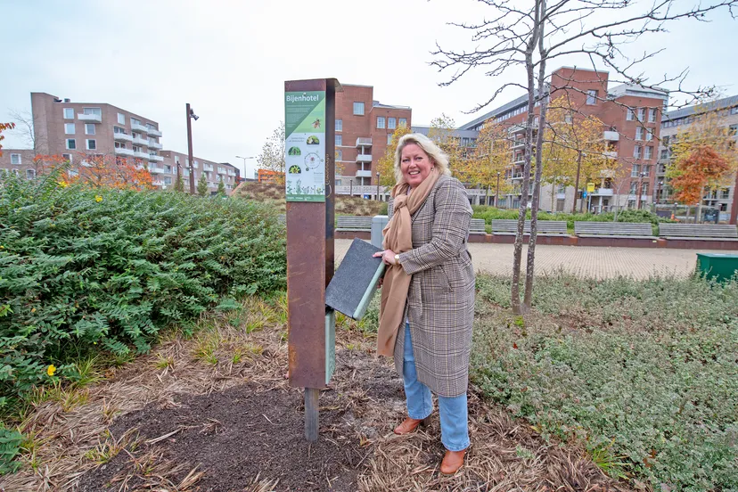 18 11 2021 wethouder inge jongman onthult bijenhotel bij de lang bank richting de leyhoeve henk tammens 1
