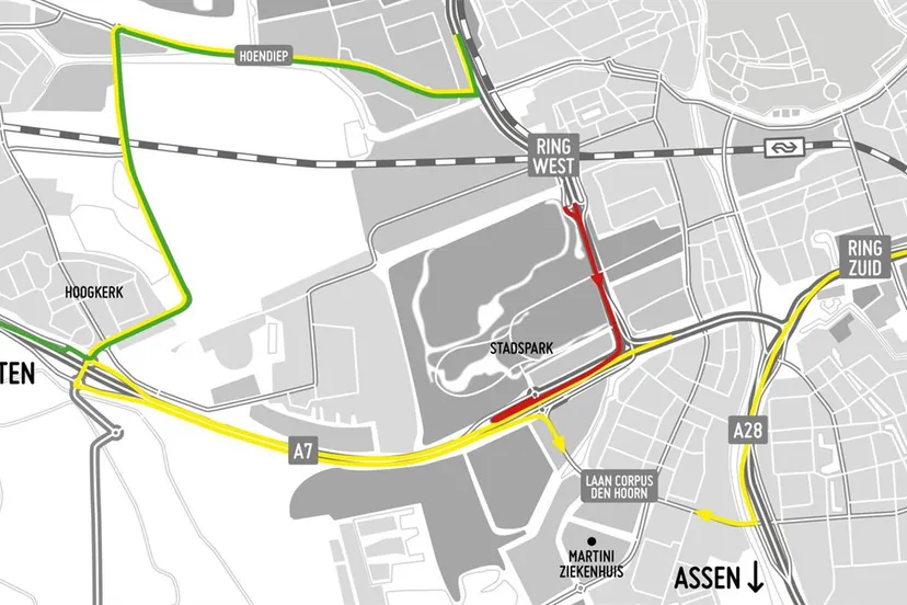 20240119 ring west dicht2 gb afsluiting en omleiding plattegrond via groningen bereikbaar