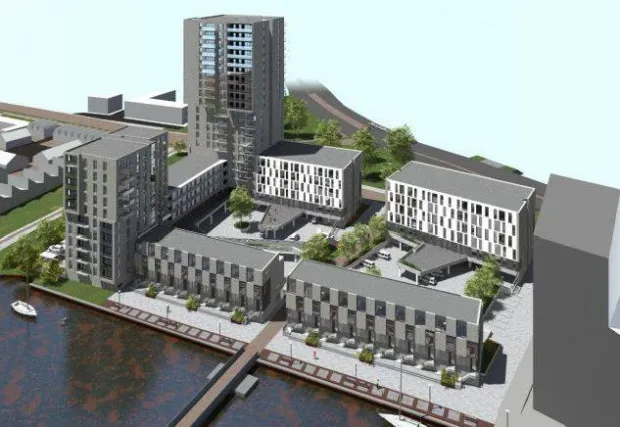 impressie van het bouwplan met aan de voorzijde het reitdiep