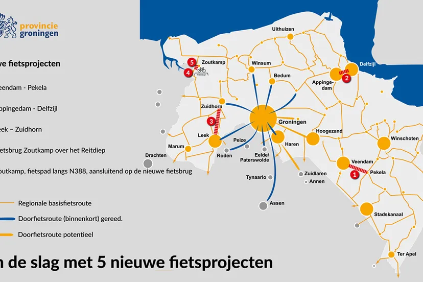kaart fietsnetwerk groningen met de nieuwe fietsverbindingen en bestaande fietsroutes