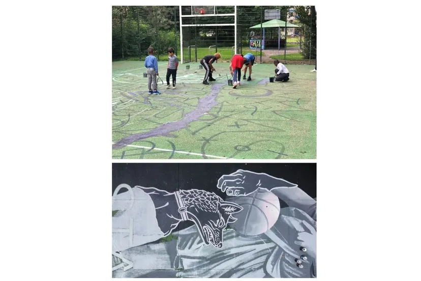 kinderen en jongeren in paddepoel beschilderen het basketbalveldje bij de grote beerstraat onder een detail van het resultaat