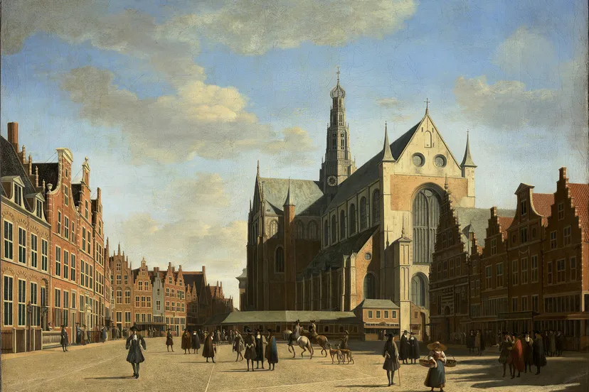 01 gerrit berckheyde de grote markt te haarlem met de grote of st bavokerk 1696 frans hals museum bruikleen rijksdienst voor het cultureel erfgoed