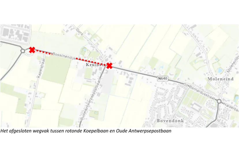 afgesloten wegvak tussen koepelbaan en oude antwerpsepostbaan