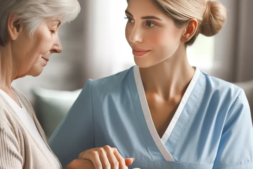 dalle 2023 11 28 091134 create an image of a caregiving scene where a caregiver is assisting an elderly person in a realistic and professional manner the caregiver should be