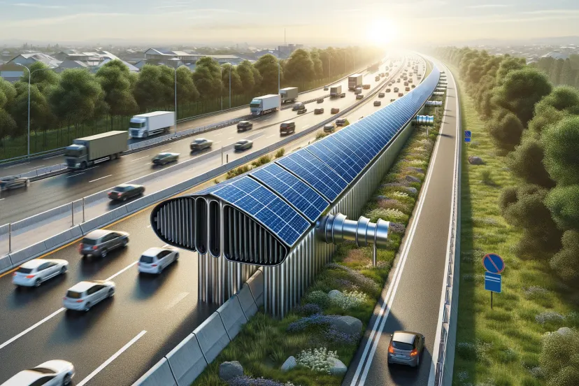 dalle 2024 02 22 082248 an innovative noise barrier along a highway equipped with solar panels on both sides this barrier is designed to reduce road noise while harnessing