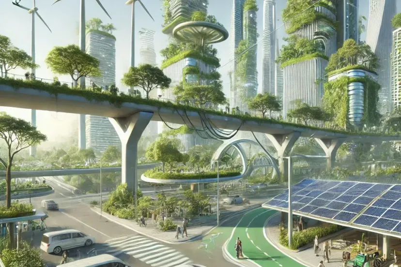 dalle 2024 08 29 160826 an illustration of an innovative idea for climate and sustainability the scene shows a futuristic urban area with green skyscrapers covered in vegeta
