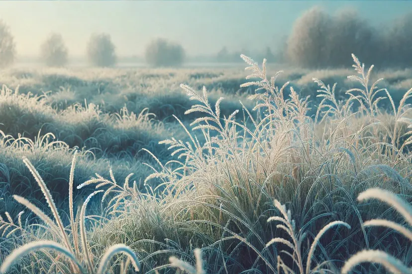 dalle 2025 02 03 121944 a realistic image of a grassy field in the morning with a frosty appearance the grass blades are covered with a thin layer of frost glistening in thjpg