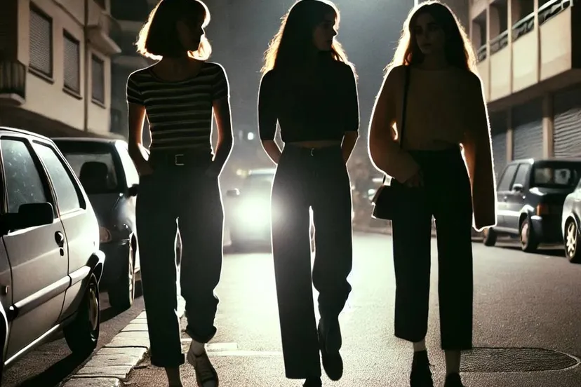 dalle 2025 03 25 200645 three women walking together on a dark street at night the scene is illuminated by soft streetlights casting long shadows the women are dressed in jpg