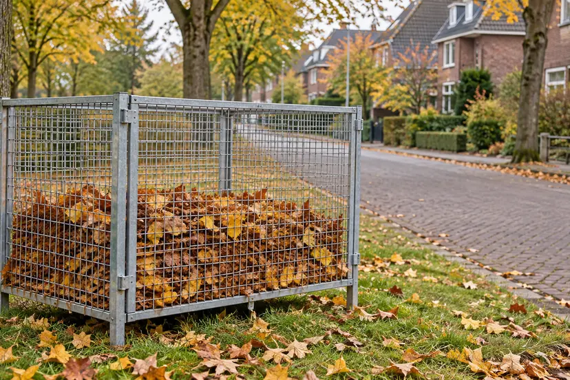 AI-illustratie van een bladkorf met herfstbladeren in een Nederlandse woonstraat