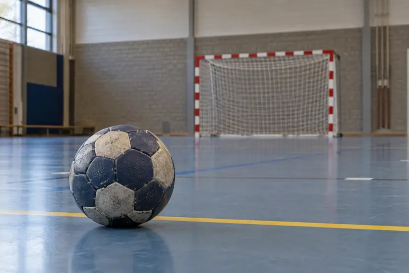 AI-illustratie: handbal voor een doel in een lege sporthal