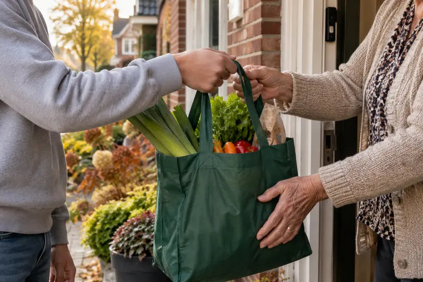 Jonge vrijwilliger geeft een tas boodschappen aan een oudere – AI-illustratie