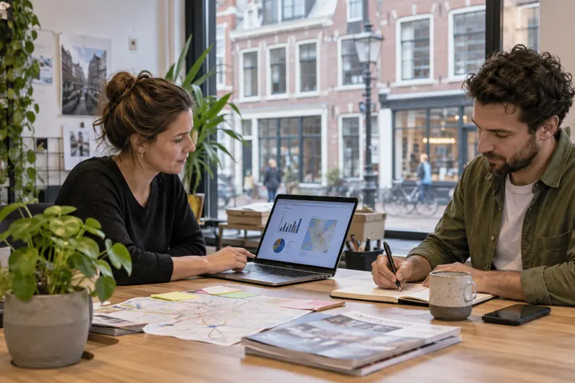 Twee ondernemers bespreken hun lokale marketing, AI-illustratie