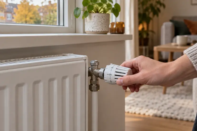 Hand controleert een thermostatische radiatorkraan, AI-illustratie