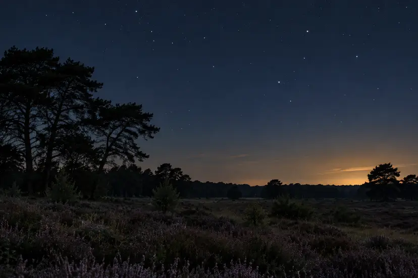 Sterren boven een donker heidelandschap met een lichte gloed aan de horizon.