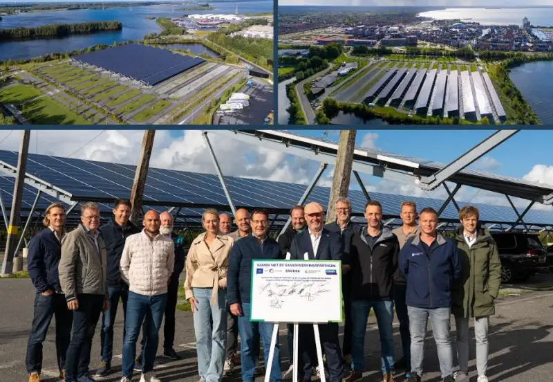 Deelnemers aan Energiehub P8 bij het zonnepark in Harderwijk. Beeld: Endura.