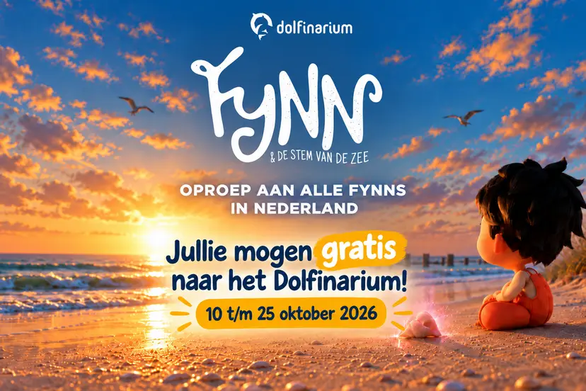Actiebeeld: Fynns en gelijkklinkende namen gratis naar het Dolfinarium van 10 tot en met 25 oktober 2026. Beeld: Dolfinarium.
