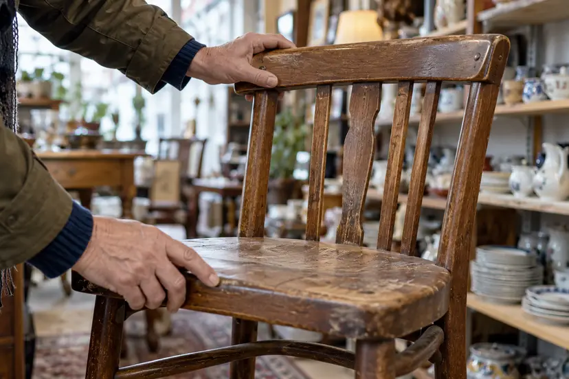 Handen controleren een gebruikte houten stoel in een kringloopwinkel.