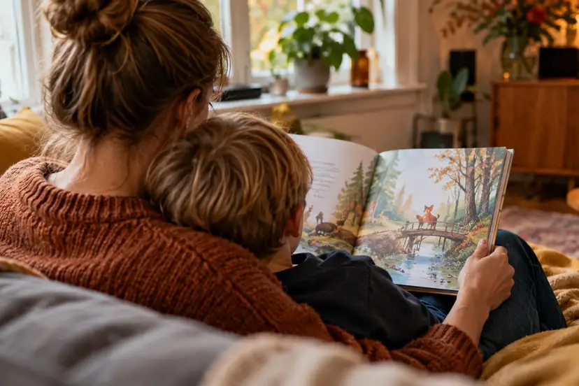 Een volwassene leest samen met een kind op de bank.