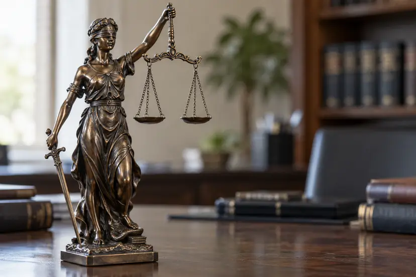 AI-gegenereerde illustratie van een bronzen beeld van Vrouwe Justitia