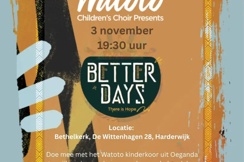 Aankondiging Watoto-kinderkoor, 3 november 2026, Bethelkerk Harderwijk