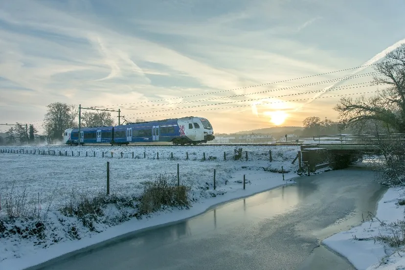 trein in landschap limburg sneeuw