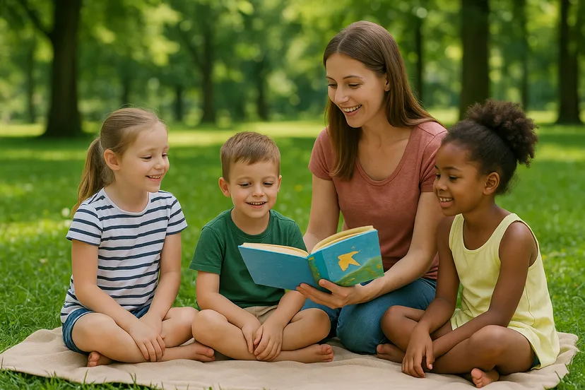 Voorleesmoment in het park
