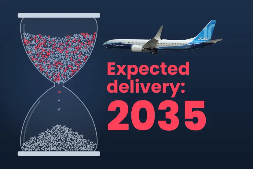 Boeing 737 MAX aircraft beside an hourglass filled with airplanes, illustrating delays.