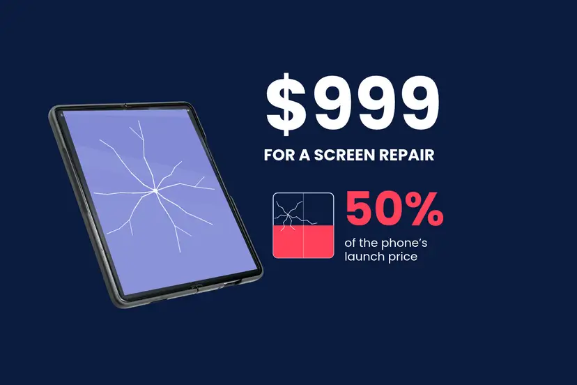 Foldable phone with a cracked screen beside text showing a $999 repair cost.
