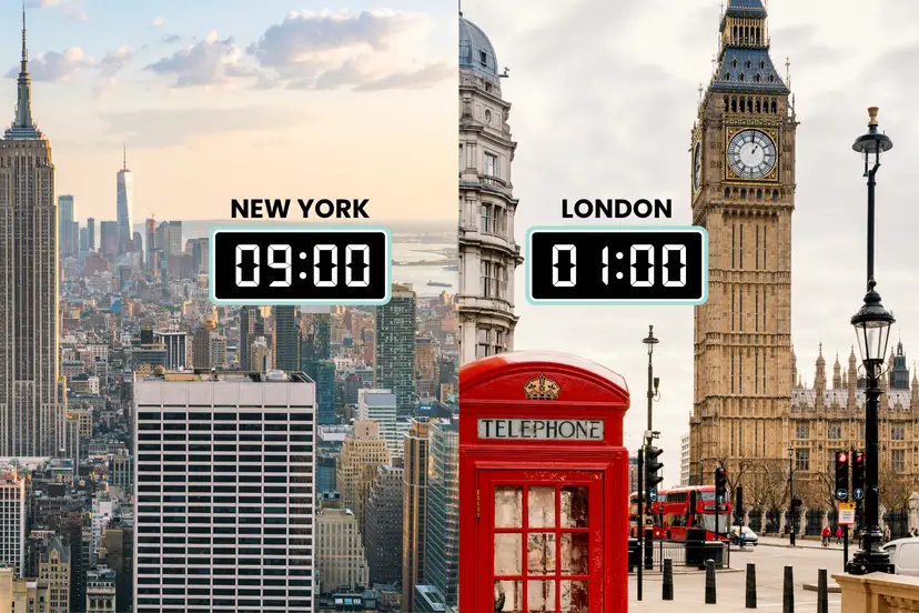 split-screen cA composite image comparing New York and London with digital clocks showing 9:00 and 1:00 respectively.