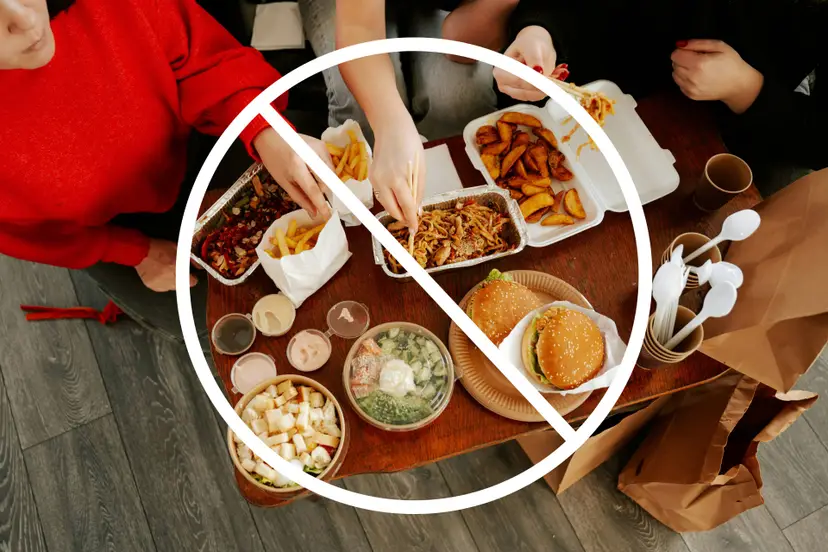 Takeout food, overlaid with a large white prohibition symbol.