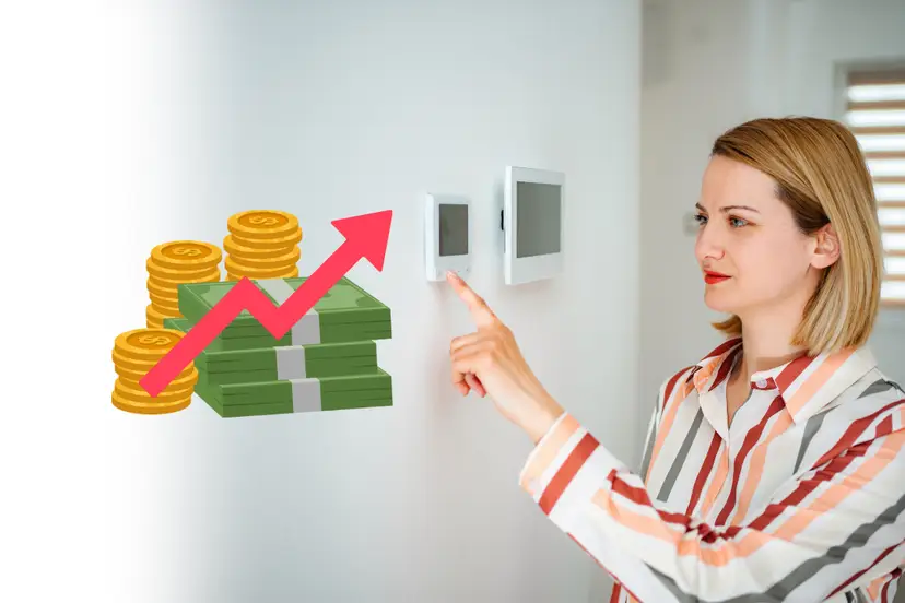 Woman adjusting a home thermostat with illustrations of rising costs, cash stacks, gold coins, and an upward arrow.