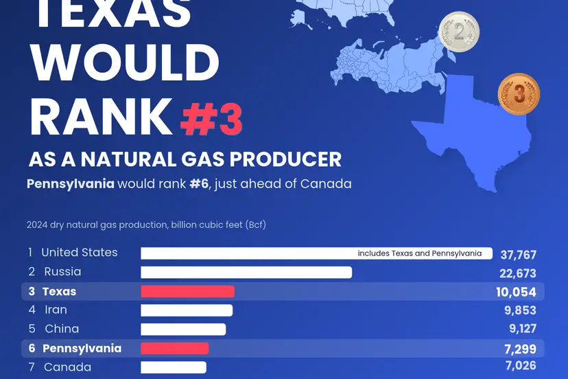 Bar chart comparing natural gas production worldwide in 2024.