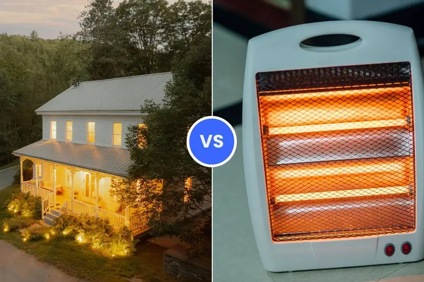 Split banner displaying a brightly lit white house on the left versus an operating electric space heater on the right.