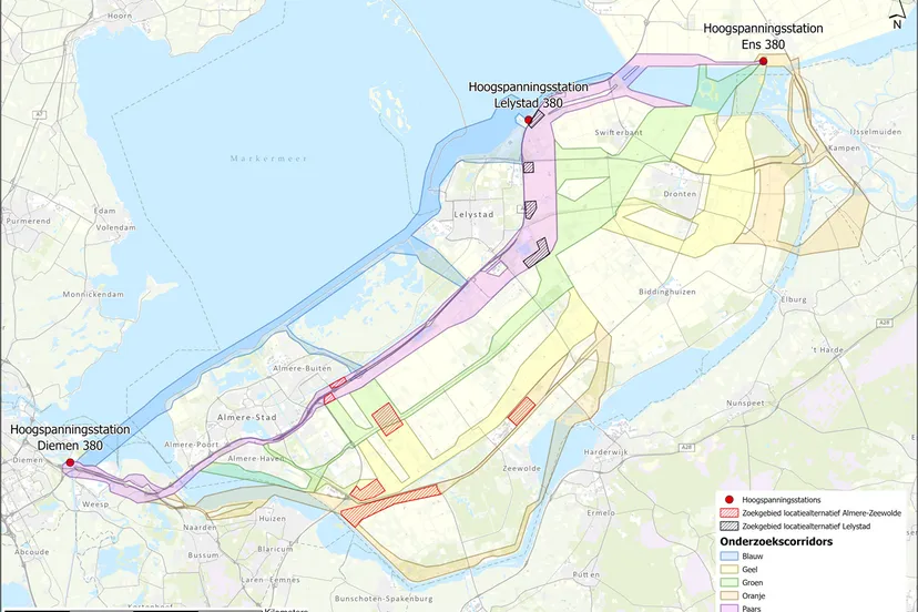 corridors onderzoeksalternatieven en zoekgebieden hoogspanningsstations gem lelystad