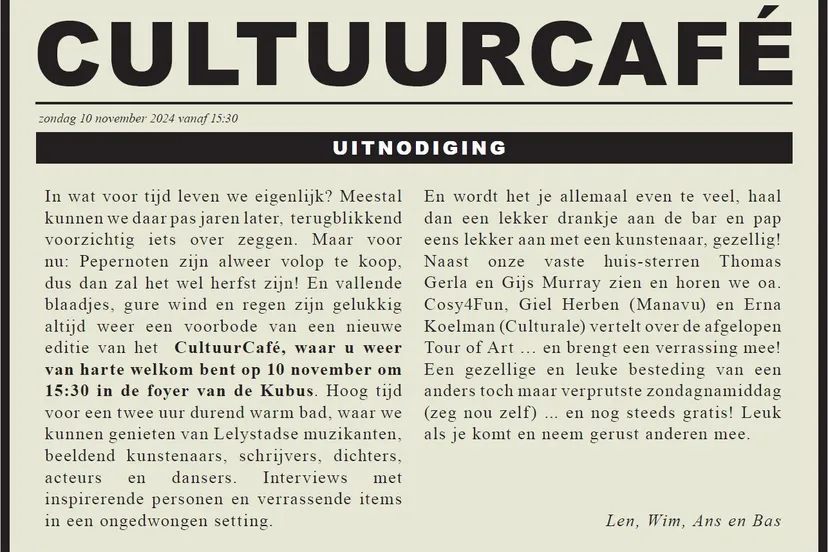 uitnodiging cultuurcafe 10 nov 2024 stichting culturale