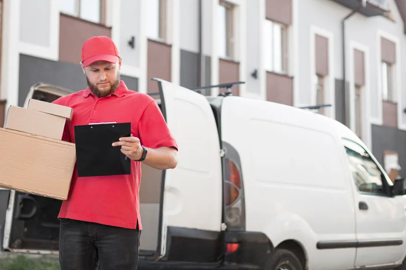 front view delivery man with package