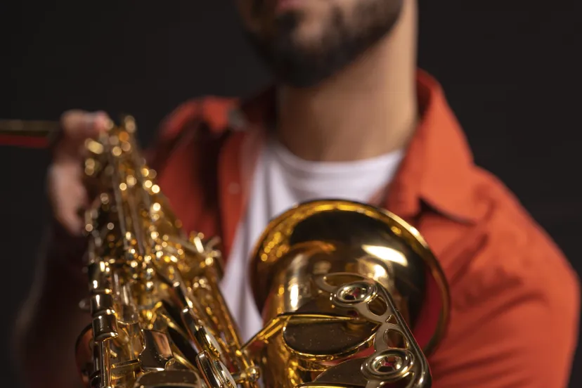 male musician holding saxophone