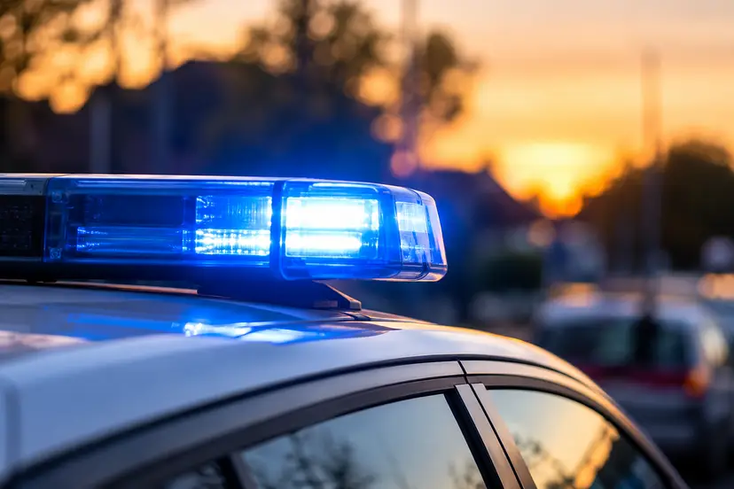 Blauwe politielichtbalk bij zonsondergang