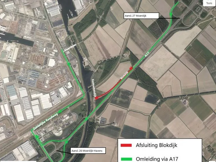 afsluiting blokdijk en omleiding via a17