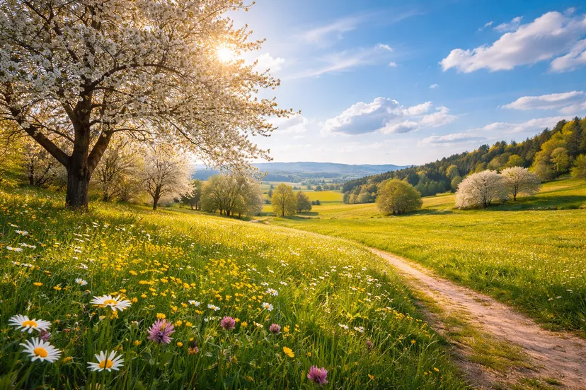 Zomerse weide met bloeiende kersenboom