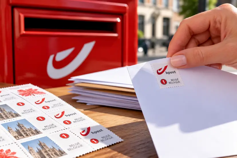 Affixing a Belgian Stamp at the Mailbox