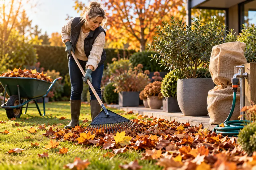 Autumn Garden Raking at Golden Hour