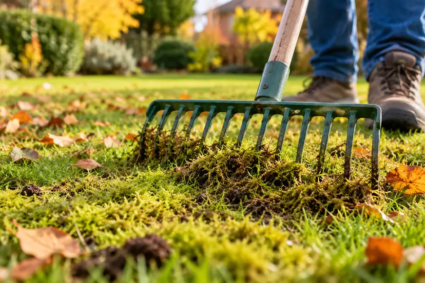 Autumn Lawn Moss Raking Close-Up
