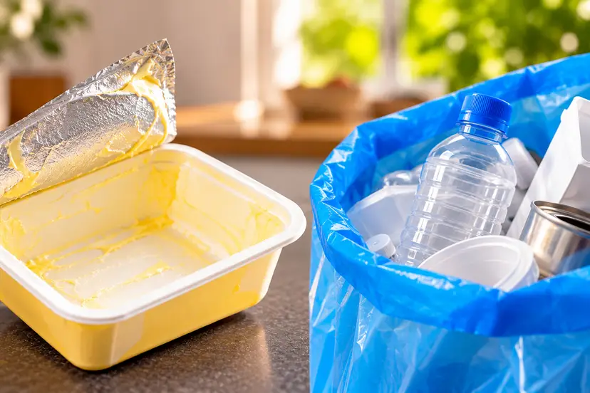 Butter Tub and Blue Recycling Bag