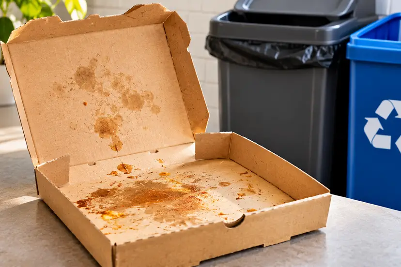 Empty Pizza Box Beside Recycling Bins