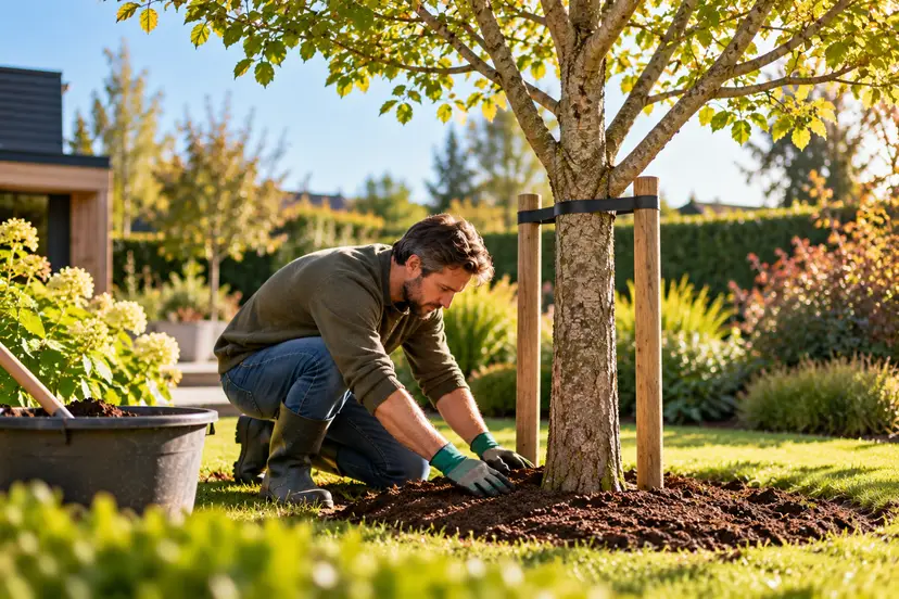 Gardener Tending a Supported Tree