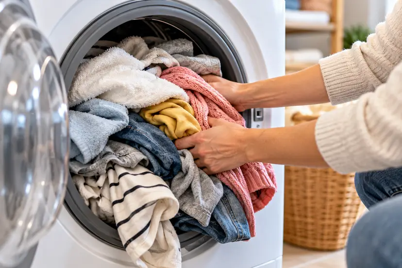 Hands Loading Colorful Laundry Machine