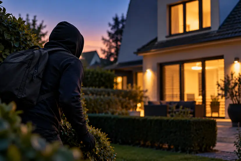 Hooded Figure Watching a Dusk-lit Home