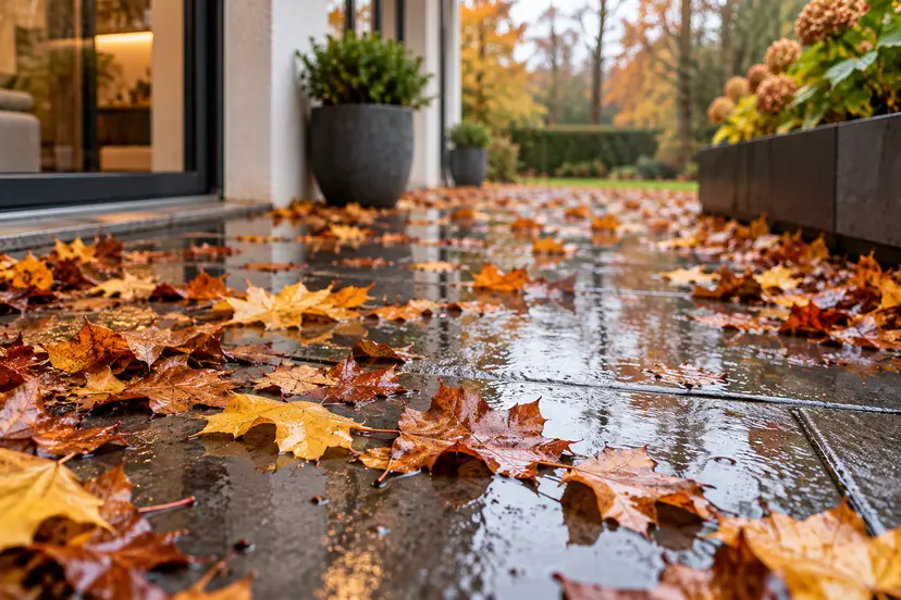 Rainy Autumn Terrace with Fallen Leaves
